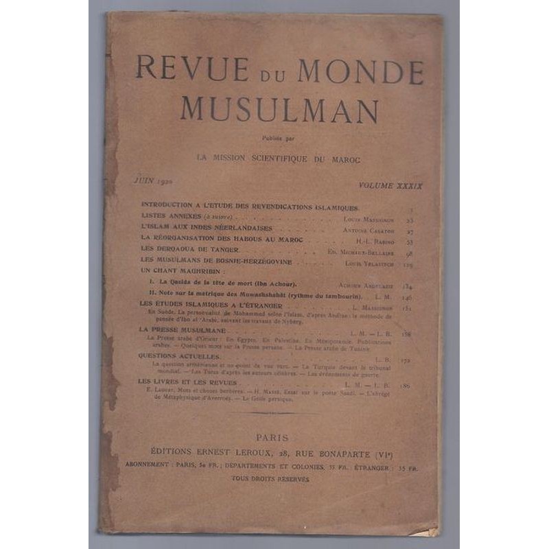 La Mission Scientifique du Maroc : Revue du monde musulman. Tome XXXIX. Edition originale.