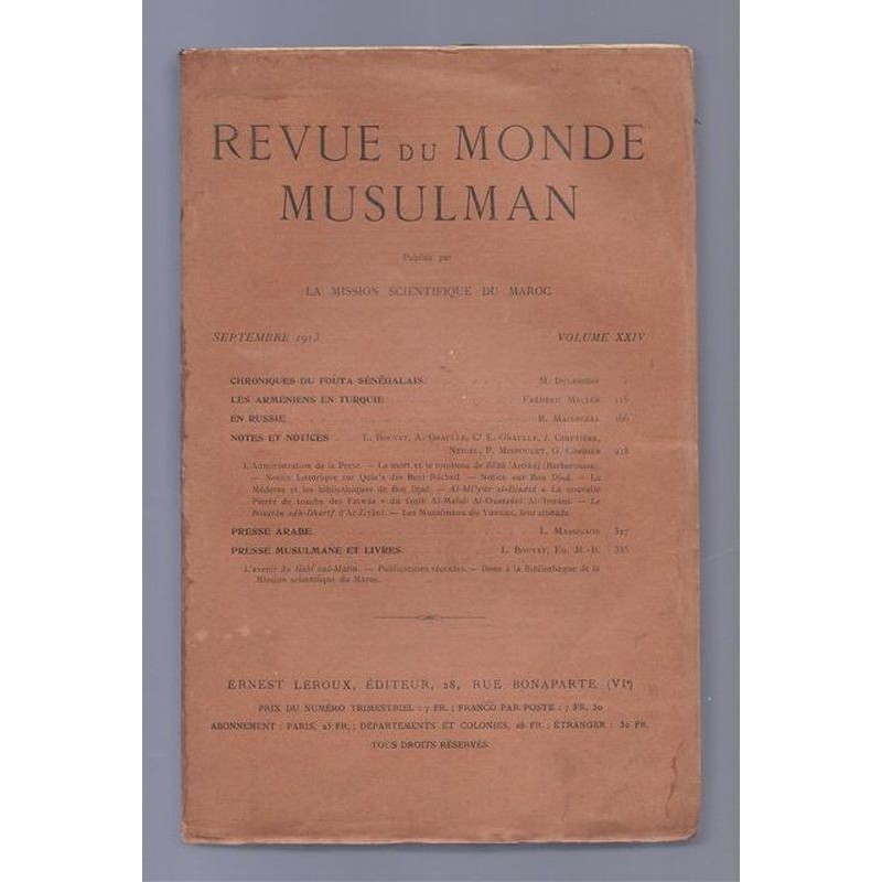 La Mission Scientifique du Maroc : Revue du monde musulman. Tome XXIV.