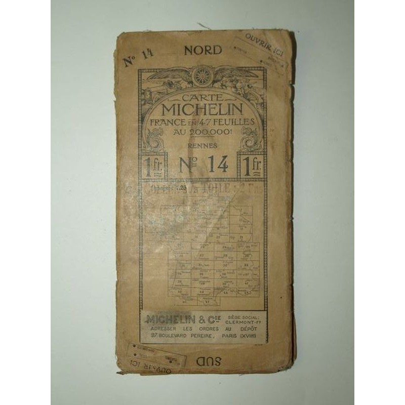 : Carte Michelin en 47 feuilles. N° 14 Rennes. 1923. Entoilée