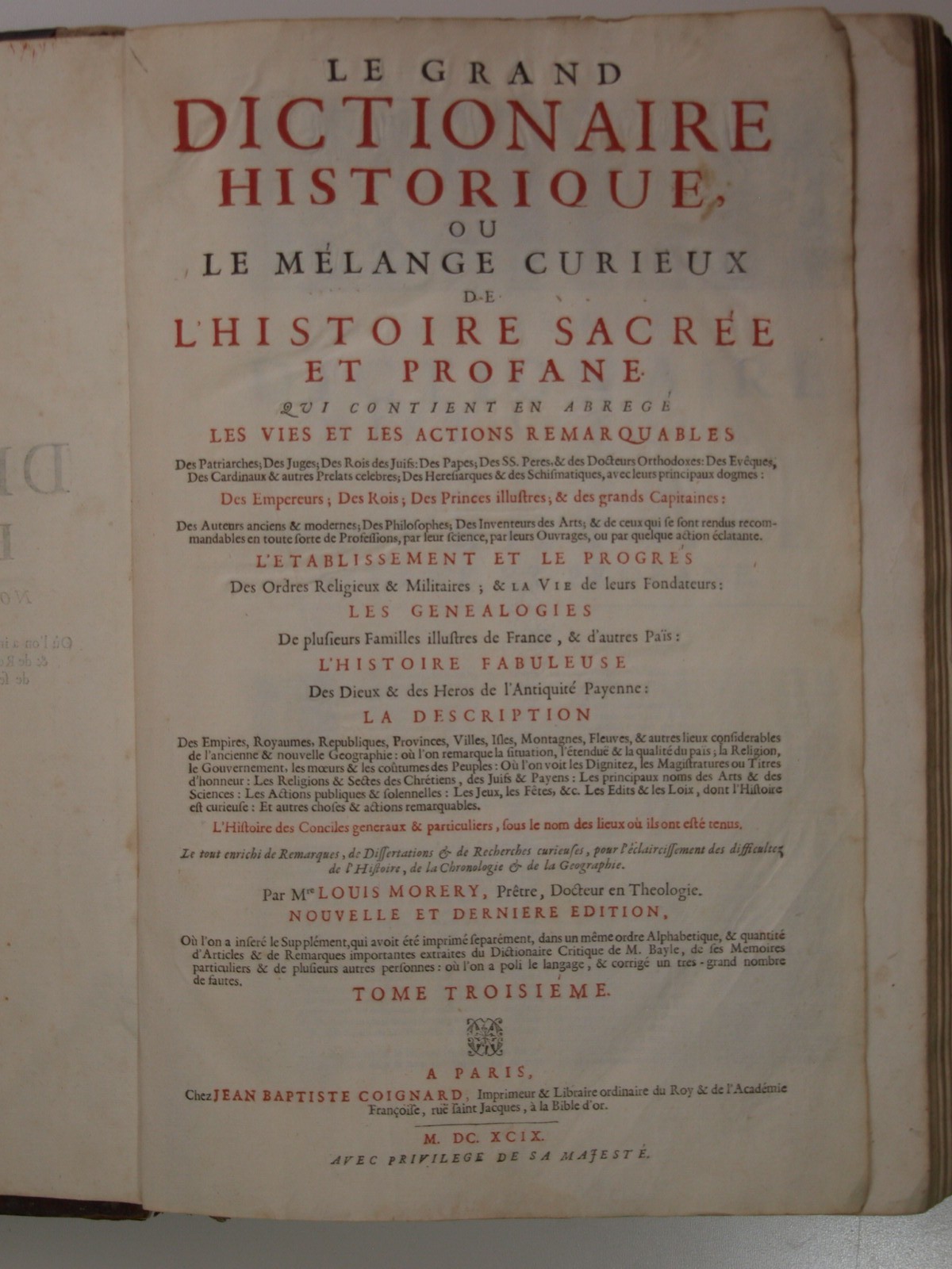 Morery Louis : Le Grand dictionnaire historique. Tome 3. G-M.