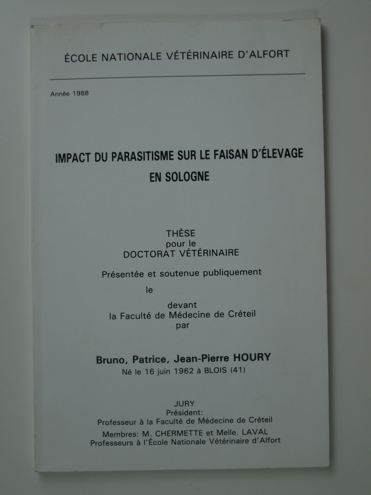 Houry Bruno : Impact du parasitisme sur le faisan d'élevage en Sologne