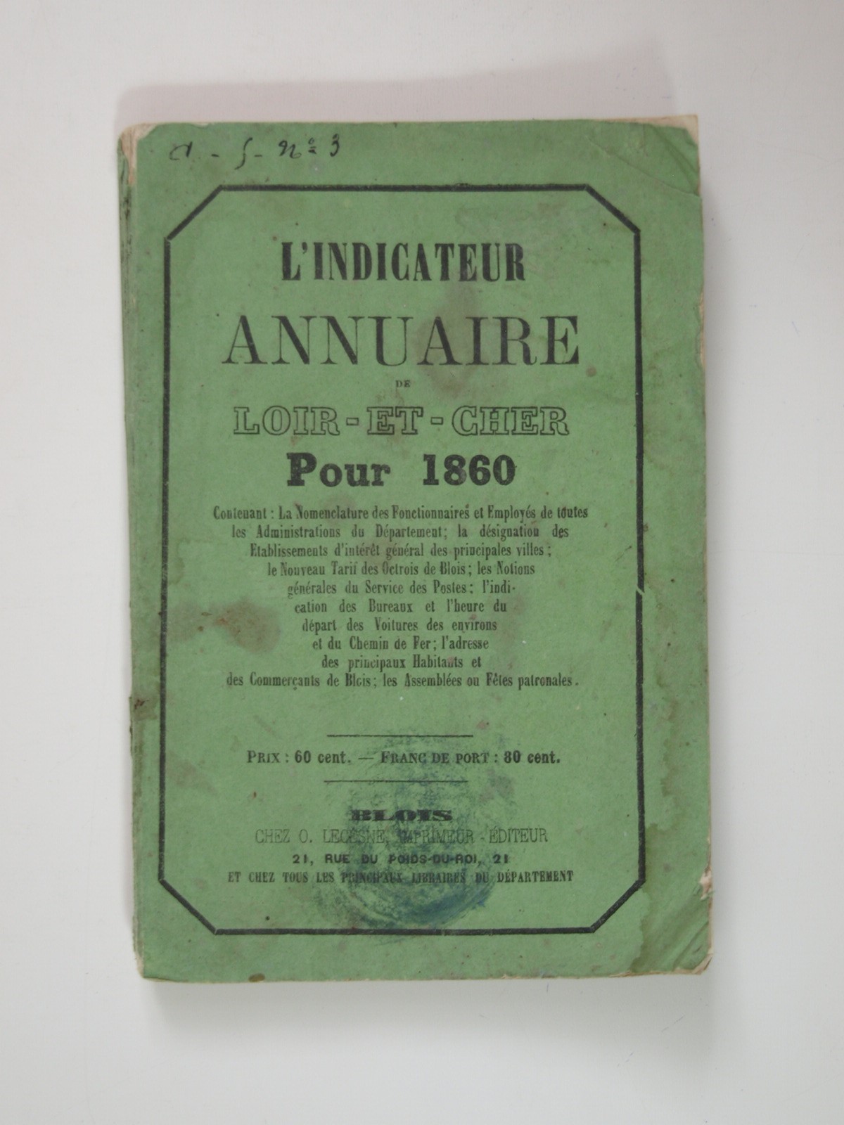 L'indicateur annuaire de Loir-et-Cher pour 1860